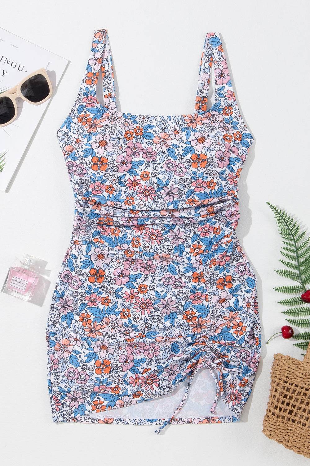 Drawstring Printed Wide Strap Swim Dress - Hovatok