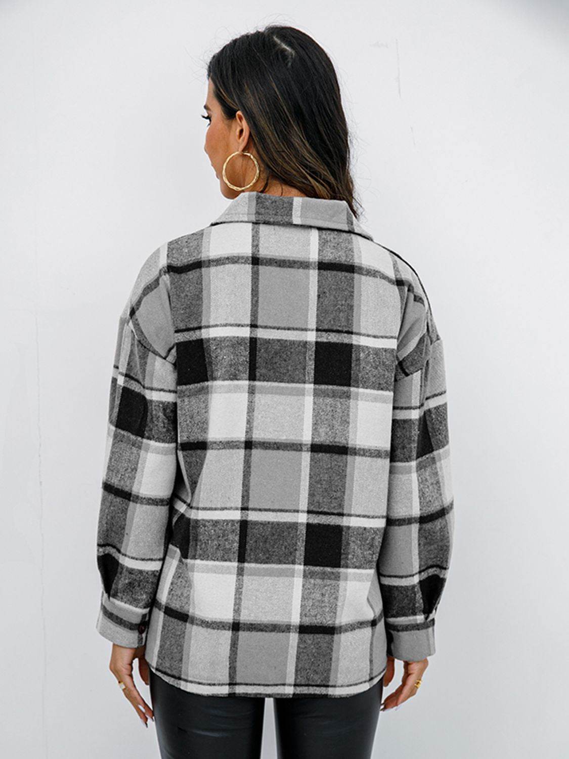 Shiny Plaid Button Up Collared Neck Jacket - Hovatok
