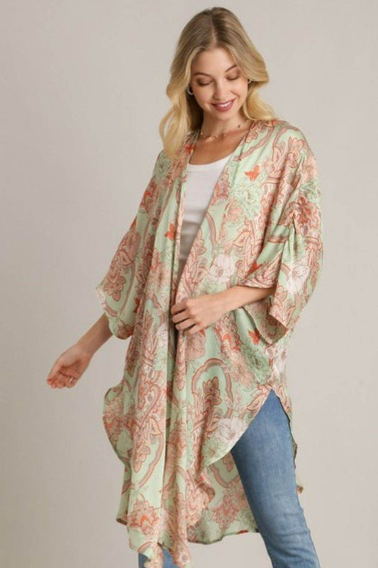 Umgee Full Size Mixed Print Open Front Kimono with Ruffle Sleeves Plus Size - Hovatok