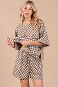 Ces Femme Checkered Round Neck Top and Shorts Set - Hovatok