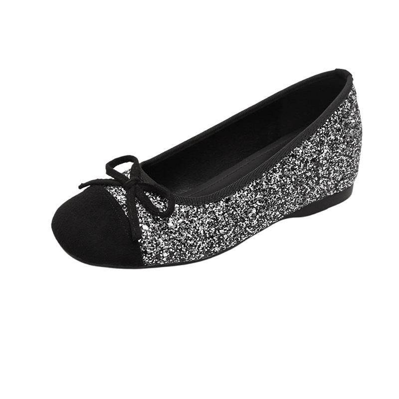 Bow Contrast Sequin Round Toe Slip-Ons - Hovatok