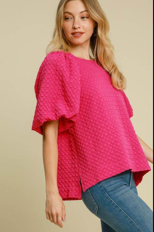 Umgee Full Size Boxy Cut Jacquard Round Neck Top with Side Slit Plus Size - Hovatok