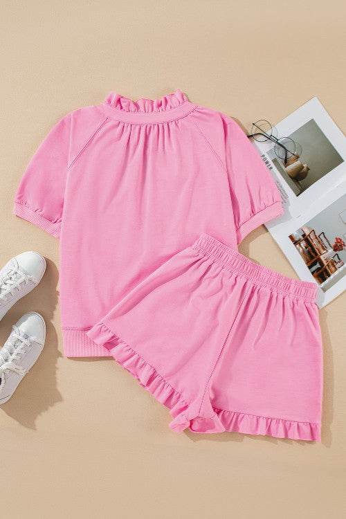 Half Zip Puff Sleeve Top and Ruffled Shorts Set - Hovatok