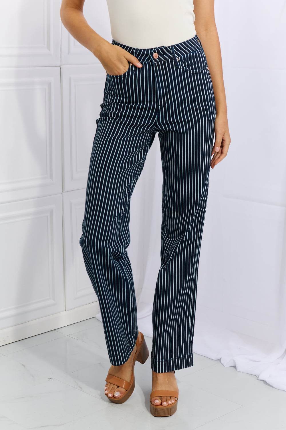 Judy Blue Cassidy Full Size High Waisted Tummy Control Striped Straight Jeans - Hovatok