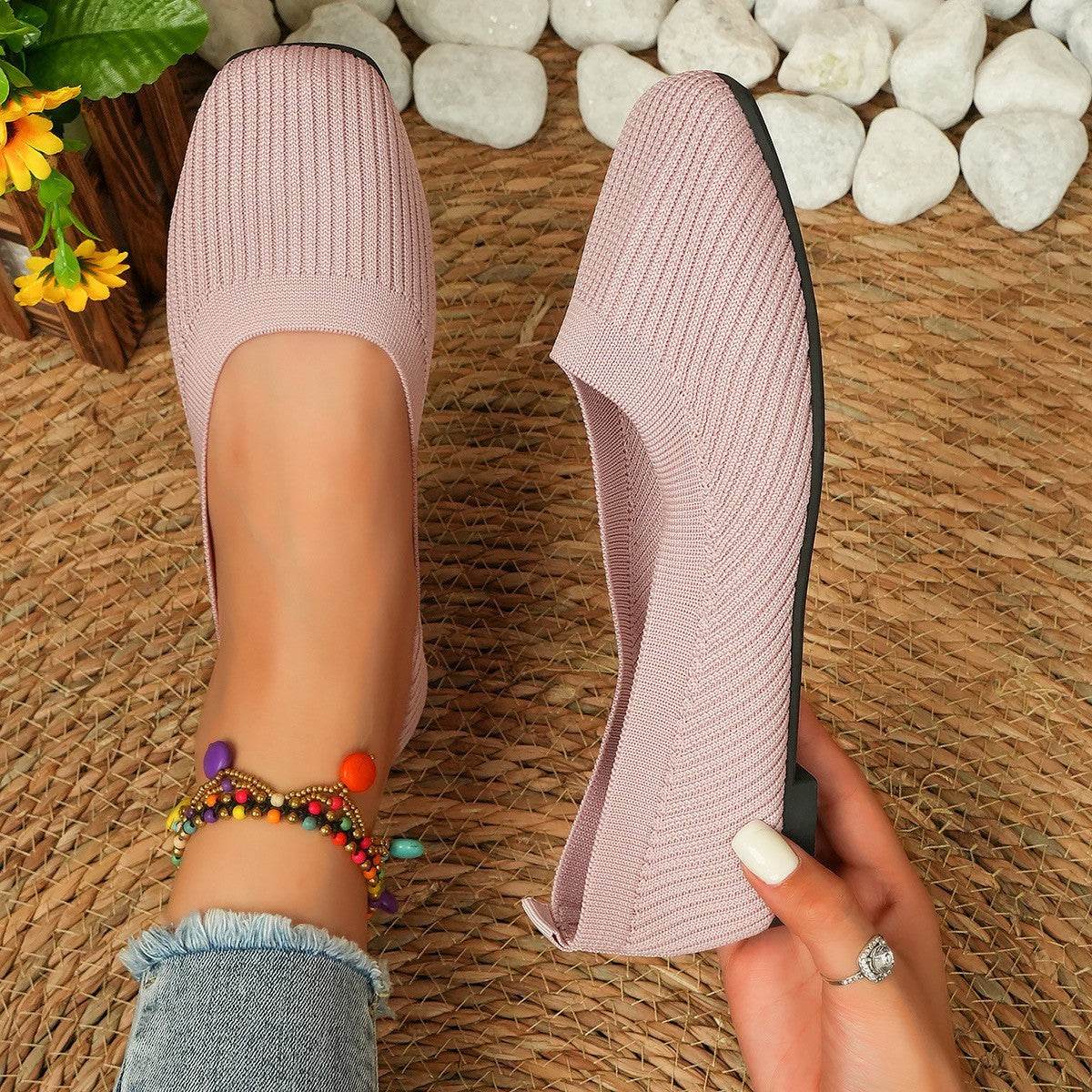 Knitted Square Toe Flat Slip-Ons - Hovatok