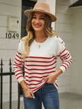 Angel Wings Round Neck Shoulder Button Striped Pullover Sweater - Hovatok