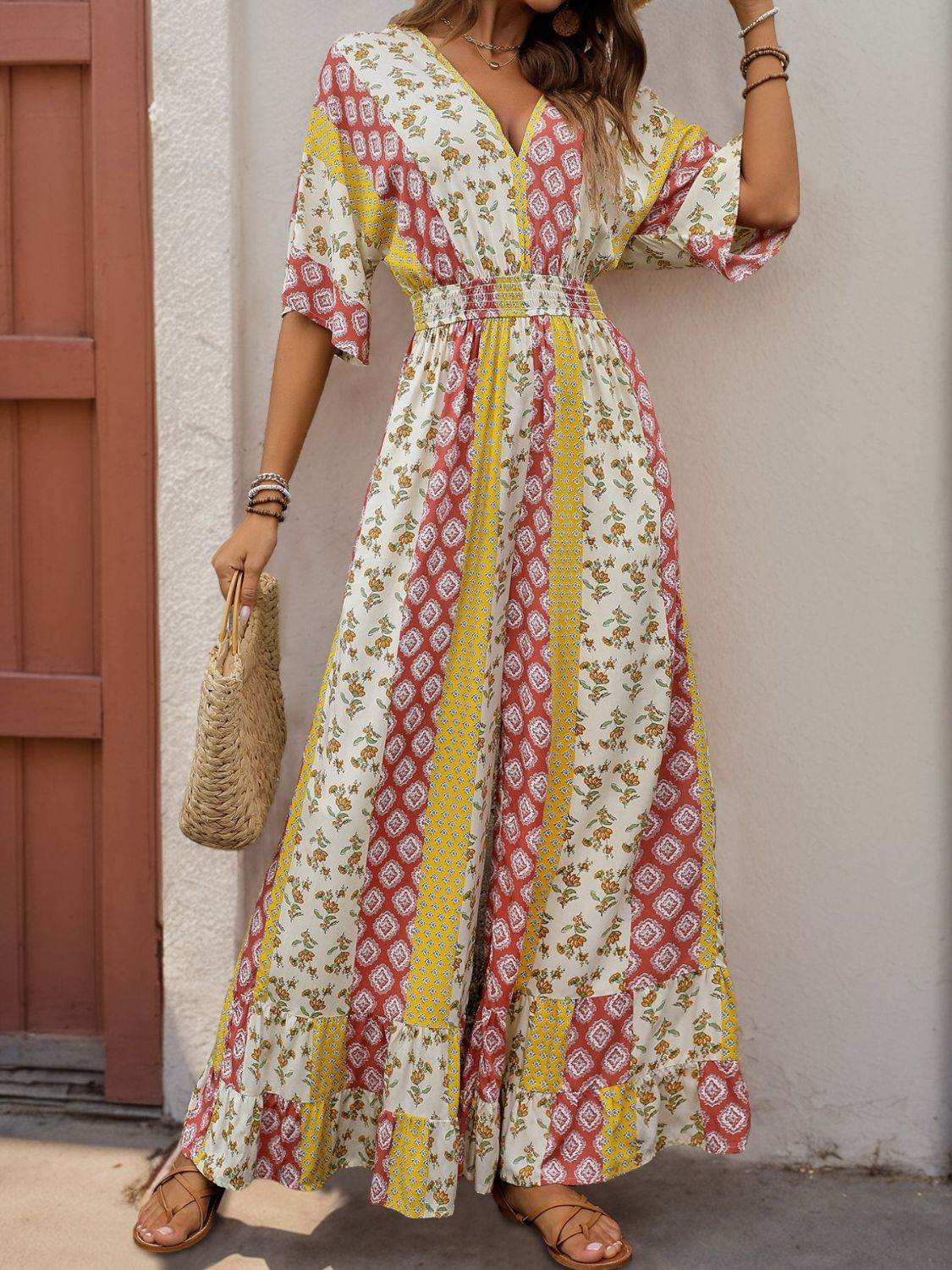 Perfee Ruffled Hem Printed V-Neck Jumpsuit - Hovatok