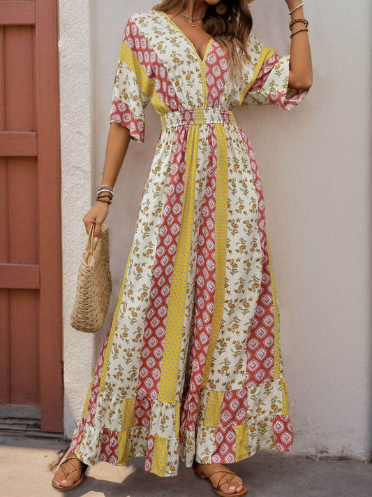 Perfee Ruffled Hem Printed V-Neck Jumpsuit - Hovatok