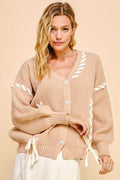 Davi & Dani Lace-Up Ribbon Bow Button Down Cardigan - Hovatok
