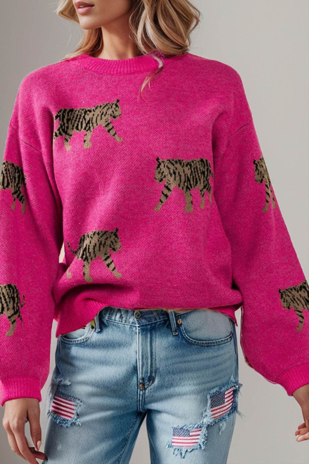 Tiger Pattern Round Neck Drop Shoulder Sweater - Hovatok