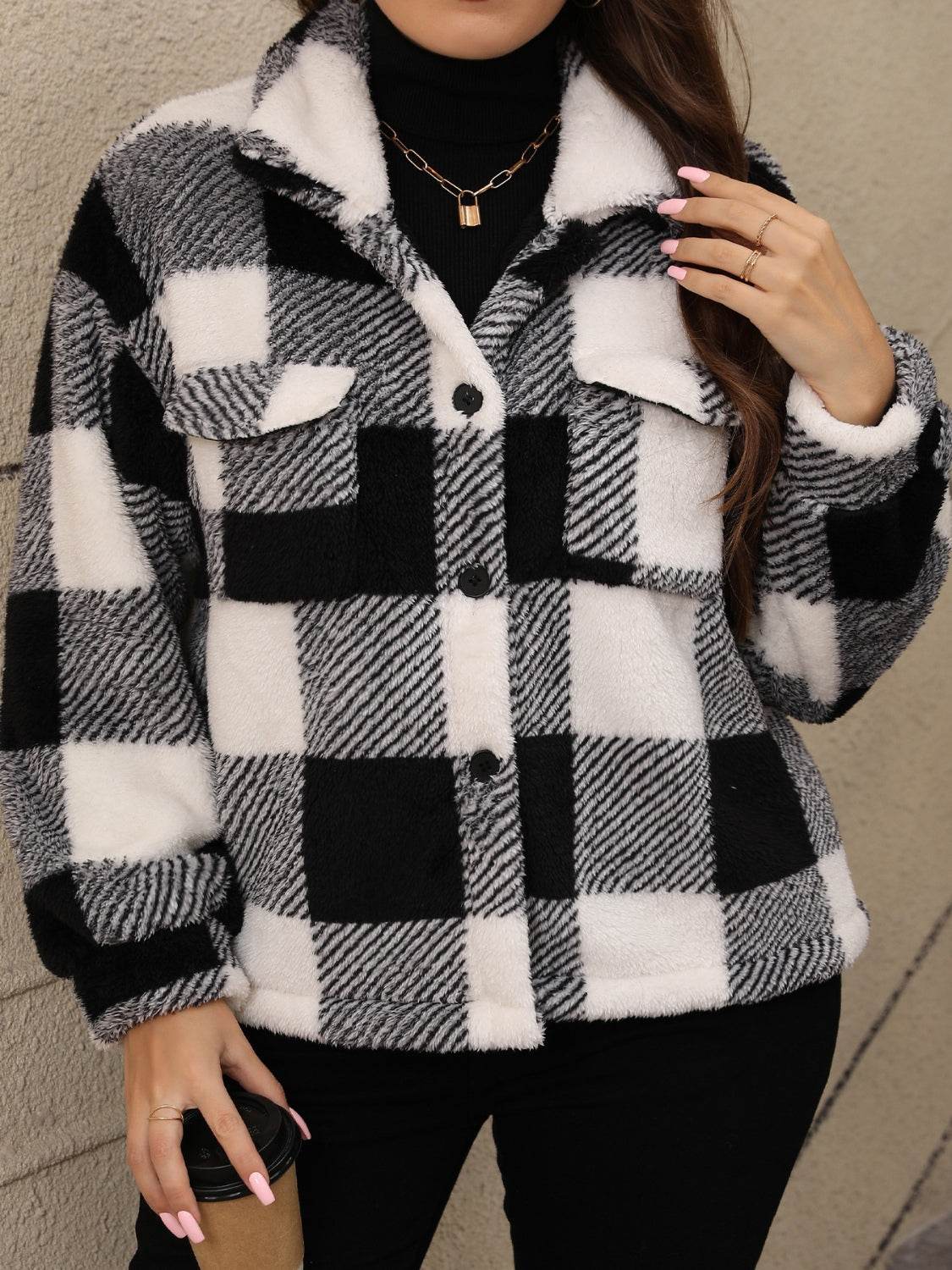 Plus Size Pocketed Plaid Collared Neck Jacket - Hovatok