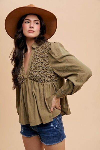 Annie Wear Smocked Front Long Sleeve Babydoll Blouse - Hovatok