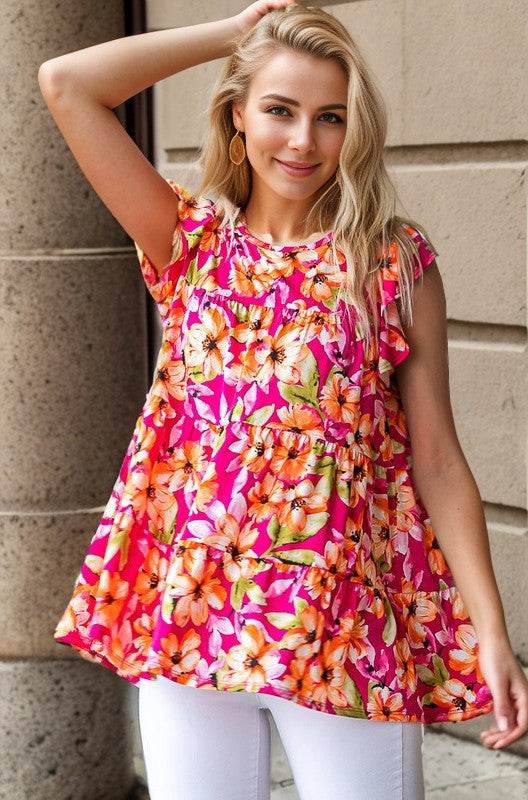 Heimish Full Size Butterfly Sleeve Floral Tiered Top Plus Size - Hovatok