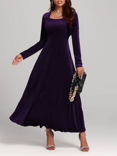 Square Neck Long Sleeve Velvet Dress - Hovatok