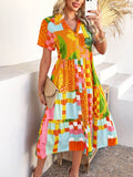Devine Printed Johnny Collar Button Down Short Sleeve Midi Shirt Dress - Hovatok