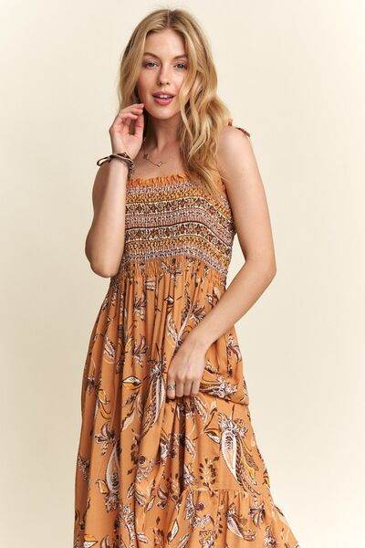 ADORA Smocked Printed Square Neck Tie Shoulder Cami Dress - Hovatok