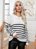 Striped Round Neck Cable-Knit Sweater - Hovatok