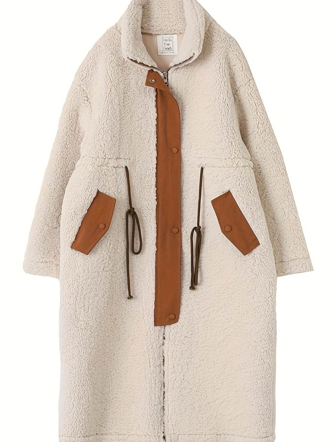 Plus Size Drawstring Zip Up Turtleneck Sherpa Coat - Hovatok