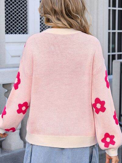 Angel Wings Flower Round Neck Dropped Shoulder Sweater - Hovatok