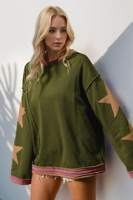 Double Take Star Patched Long Sleeve Sweatshirt - Hovatok