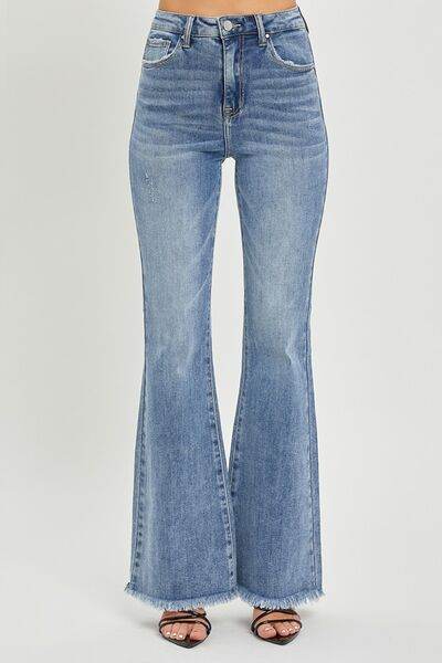 RISEN Full Size High Waist Raw Hem Flare Jeans - Hovatok