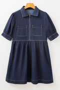 Collared Neck Half Zip Denim Dress - Hovatok