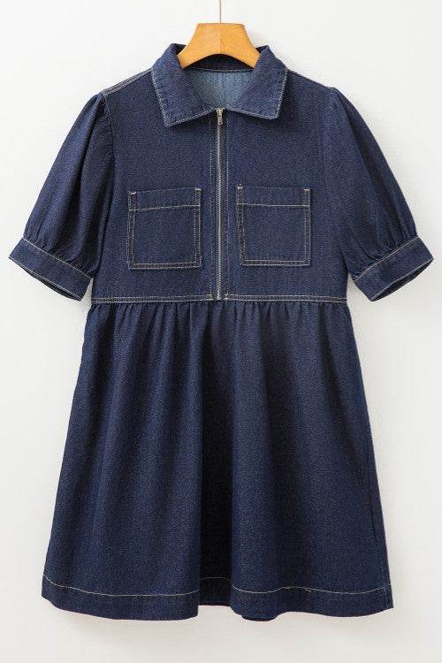 Collared Neck Half Zip Denim Dress - Hovatok