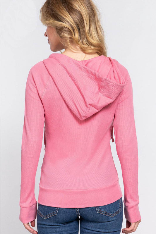 ACTIVE BASIC Waffle Knit Drawstring Zip Up Long Sleeve Hoodie - Hovatok