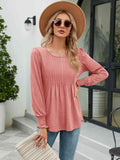 Smocked Round Neck Lantern Sleeve Blouse - Hovatok