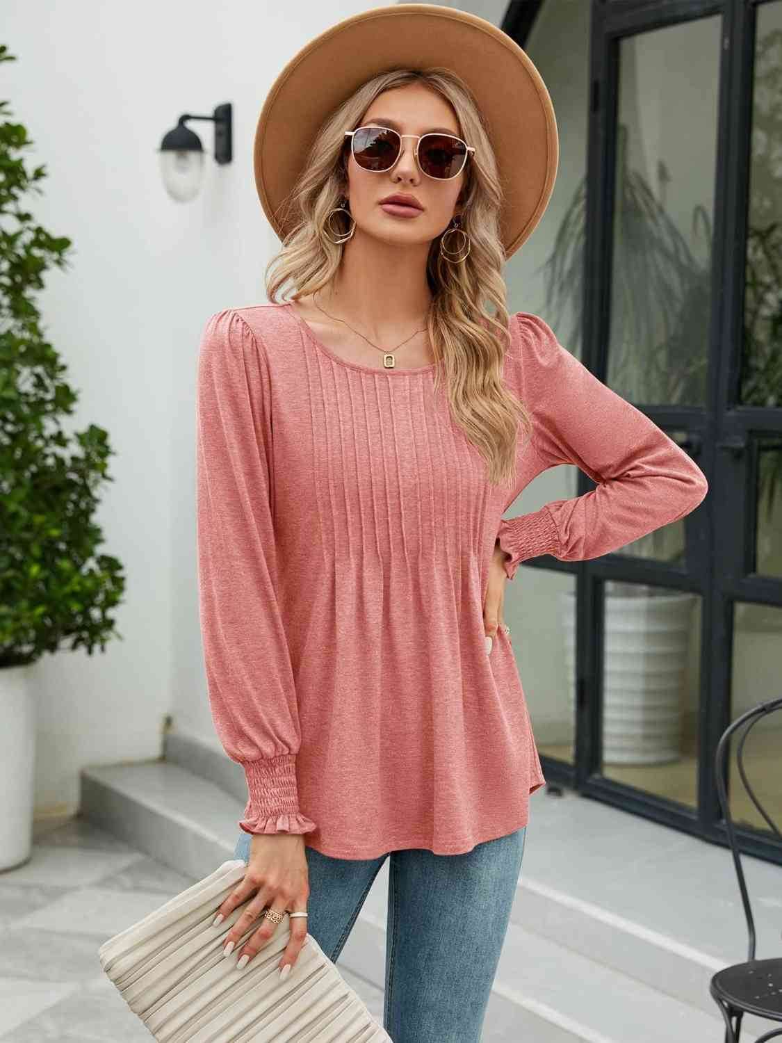 Smocked Round Neck Lantern Sleeve Blouse - Hovatok