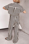 Striped Collared Neck Half Sleeve Top and Pants Set - Hovatok