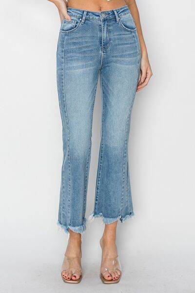 RISEN Full Size High Rise Frayed Hem Flare Jeans - Hovatok