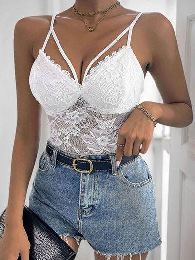 Perfee Spaghetti Strap Lace Bodysuit - Hovatok