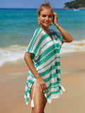 Angel Wings Tassel Openwork Striped V-Neck Cover Up - Hovatok