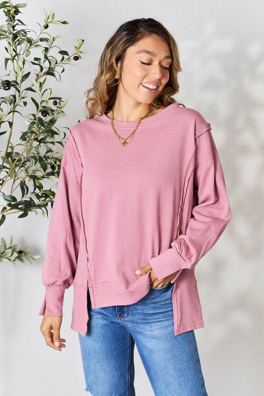 Culture Code Full Size Round Neck Exposed Seam Slit Top - Hovatok