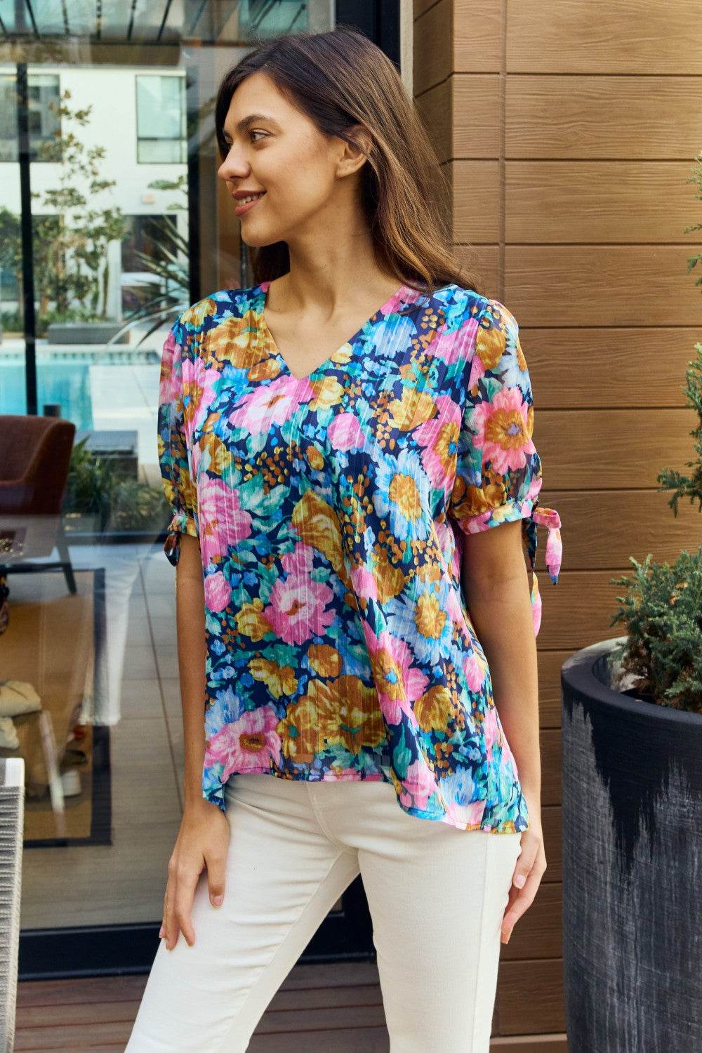 Petal Dew Full Size Floral V-Neck Tie Detail Blouse - Hovatok