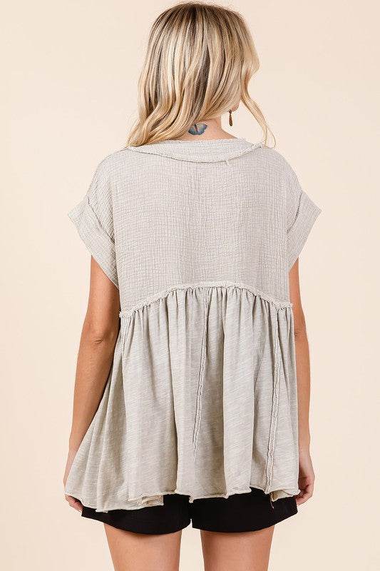 Mittoshop Mixed Media Mineral Wash Babydoll Short Sleeve Blouse - Hovatok