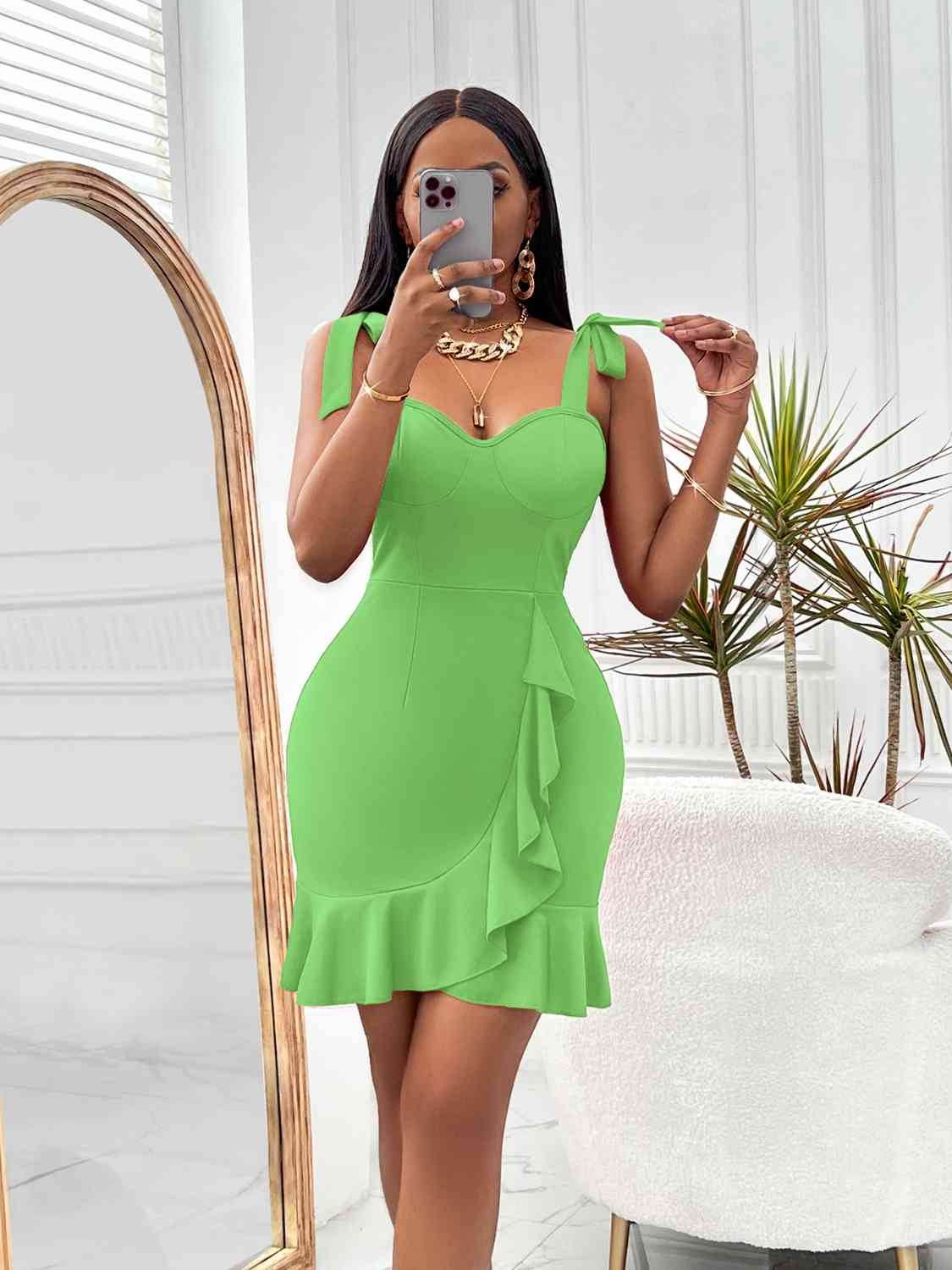 Tie-Shoulder Sweetheart Neck Ruffled Dress - Hovatok