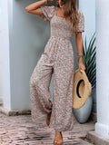 Perfee Ditsy Floral Smocked Square Neck Puff Sleeve Jumpsuit - Hovatok