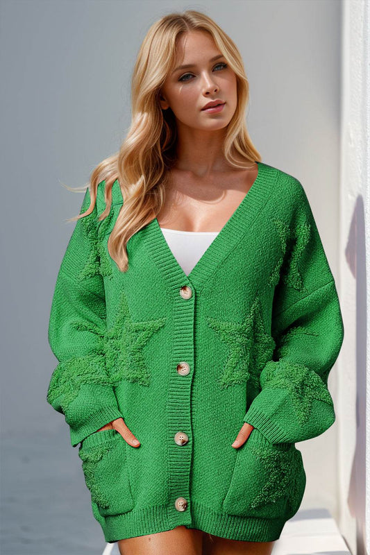 Double Take Full Size Button Up Star Pattern Cardigan - Hovatok