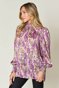 Double Take Full Size Printed Smocked Long Sleeve Blouse - Hovatok