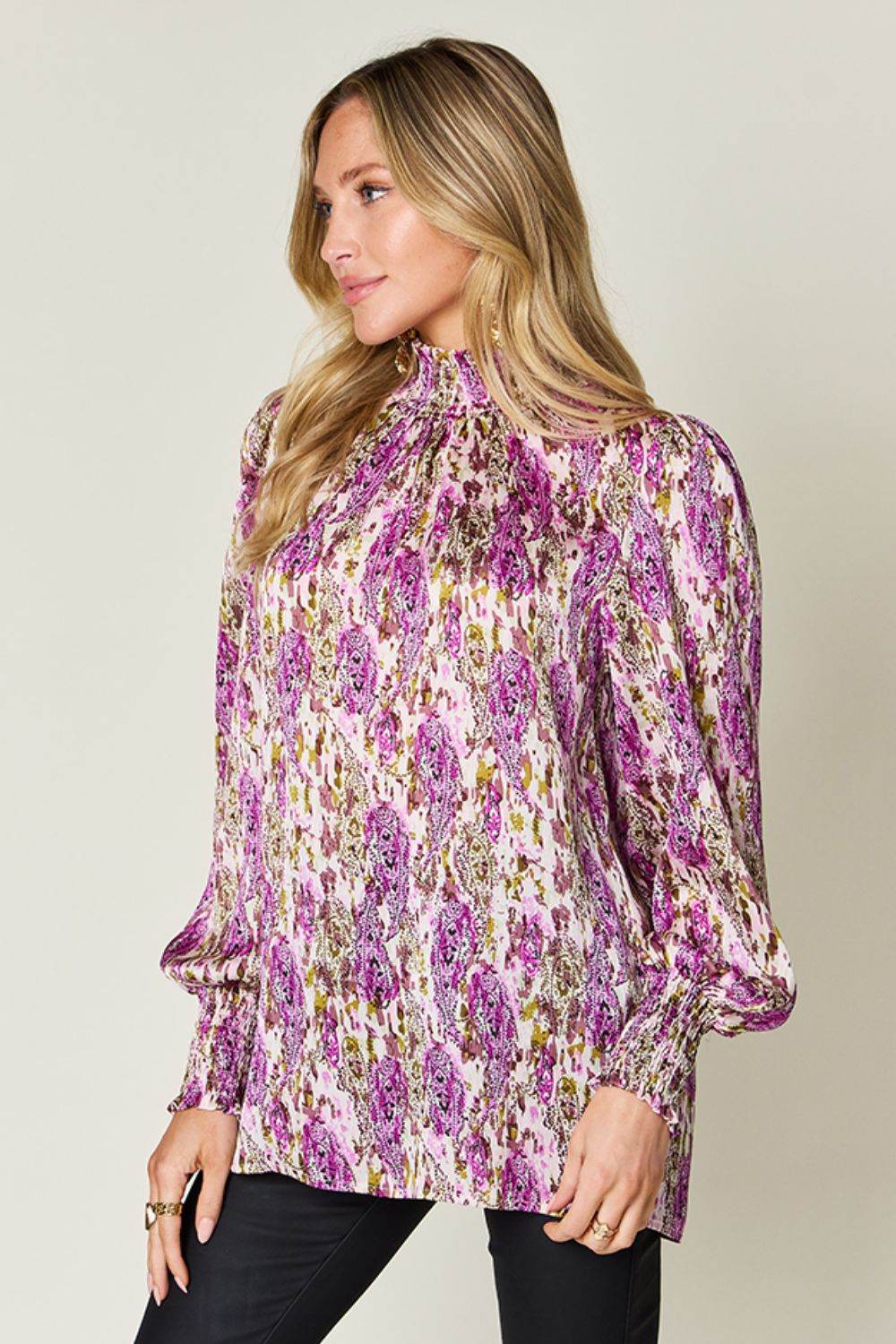 Double Take Full Size Printed Smocked Long Sleeve Blouse - Hovatok