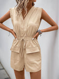 Perfee Drawstring V-Neck Sleeveless Romper - Hovatok