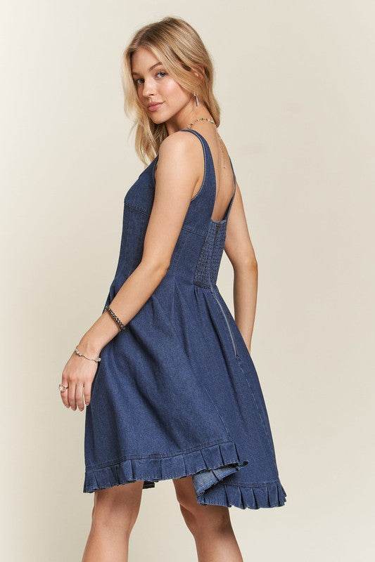 ADORA Smocked Back Square Neck Denim Dress - Hovatok