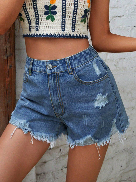 Distressed Raw Hem Denim Shorts - Hovatok