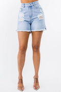American Bazi High Waist Distressed Raw Hem Denim Shorts - Hovatok