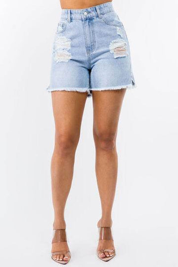 American Bazi High Waist Distressed Raw Hem Denim Shorts - Hovatok