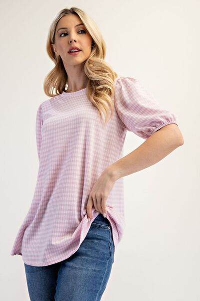 Celeste Full Size Gingham Print Top With Puff Sleeves Plus Size - Hovatok