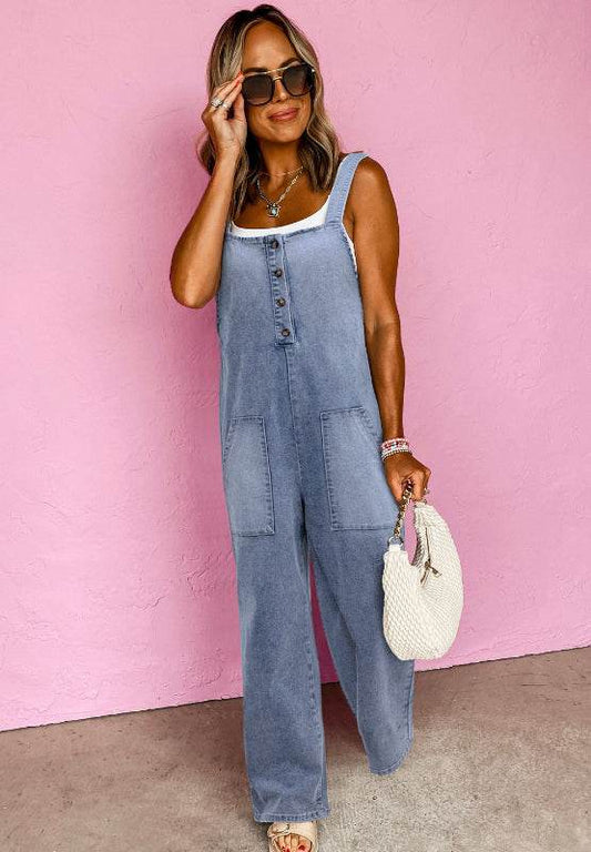 Wide Strap Denim Overalls with Pockets - Hovatok