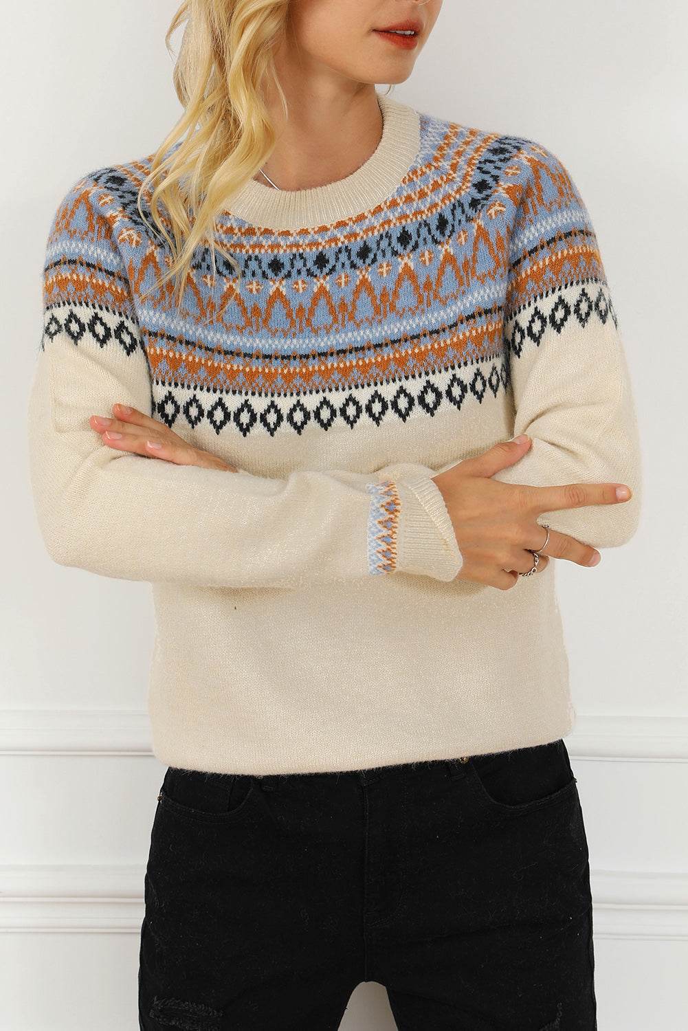 Geometric Round Neck Long Sleeve Sweater - Hovatok